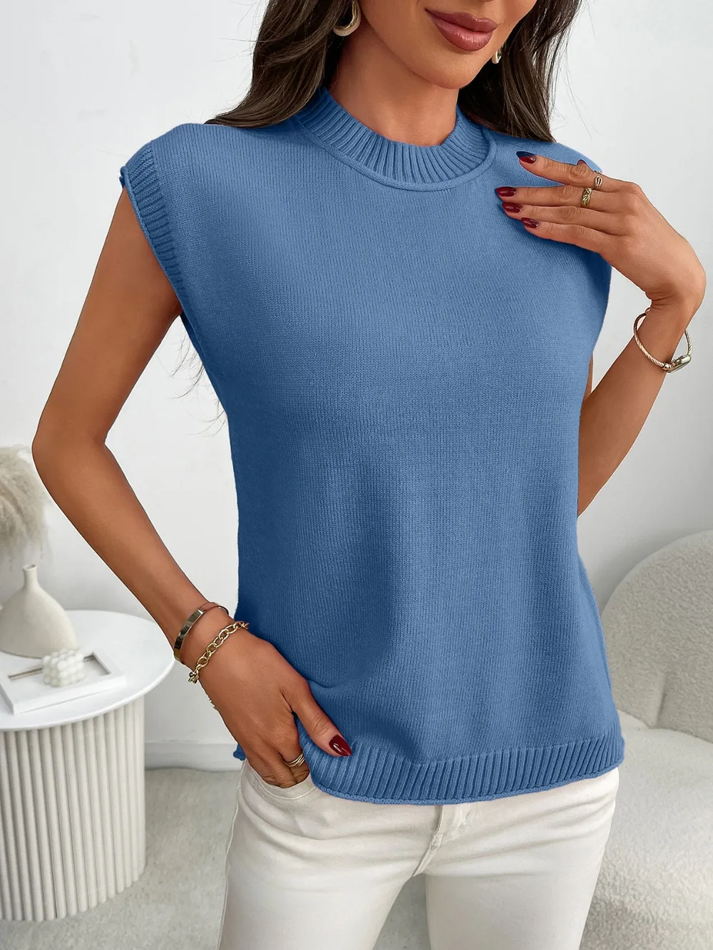 Mock Neck Cap Sleeve Knit Top, image 5