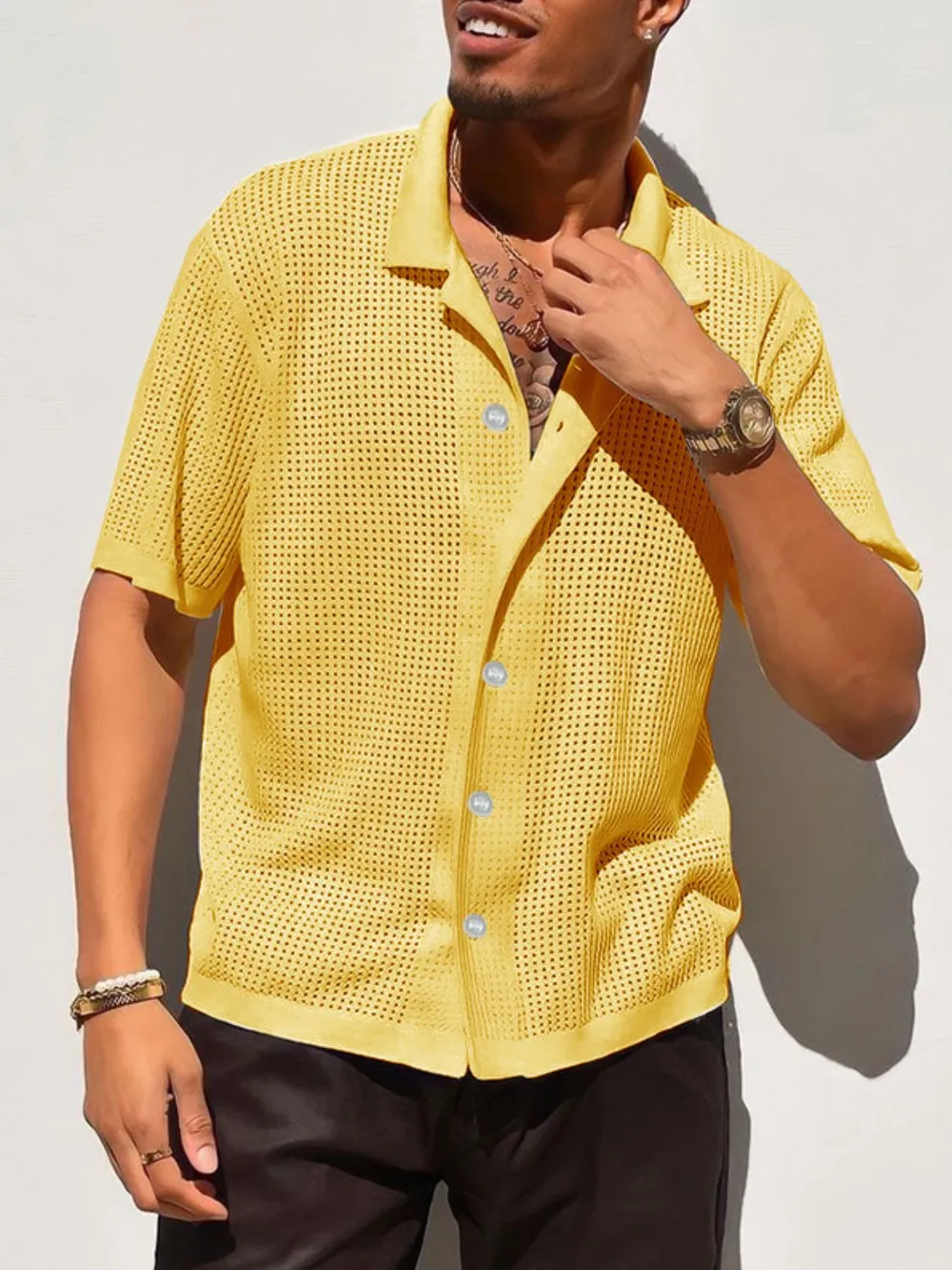 Men's Full Size Openwork Button Down Collared Neck Shirt Plus Size, image 4