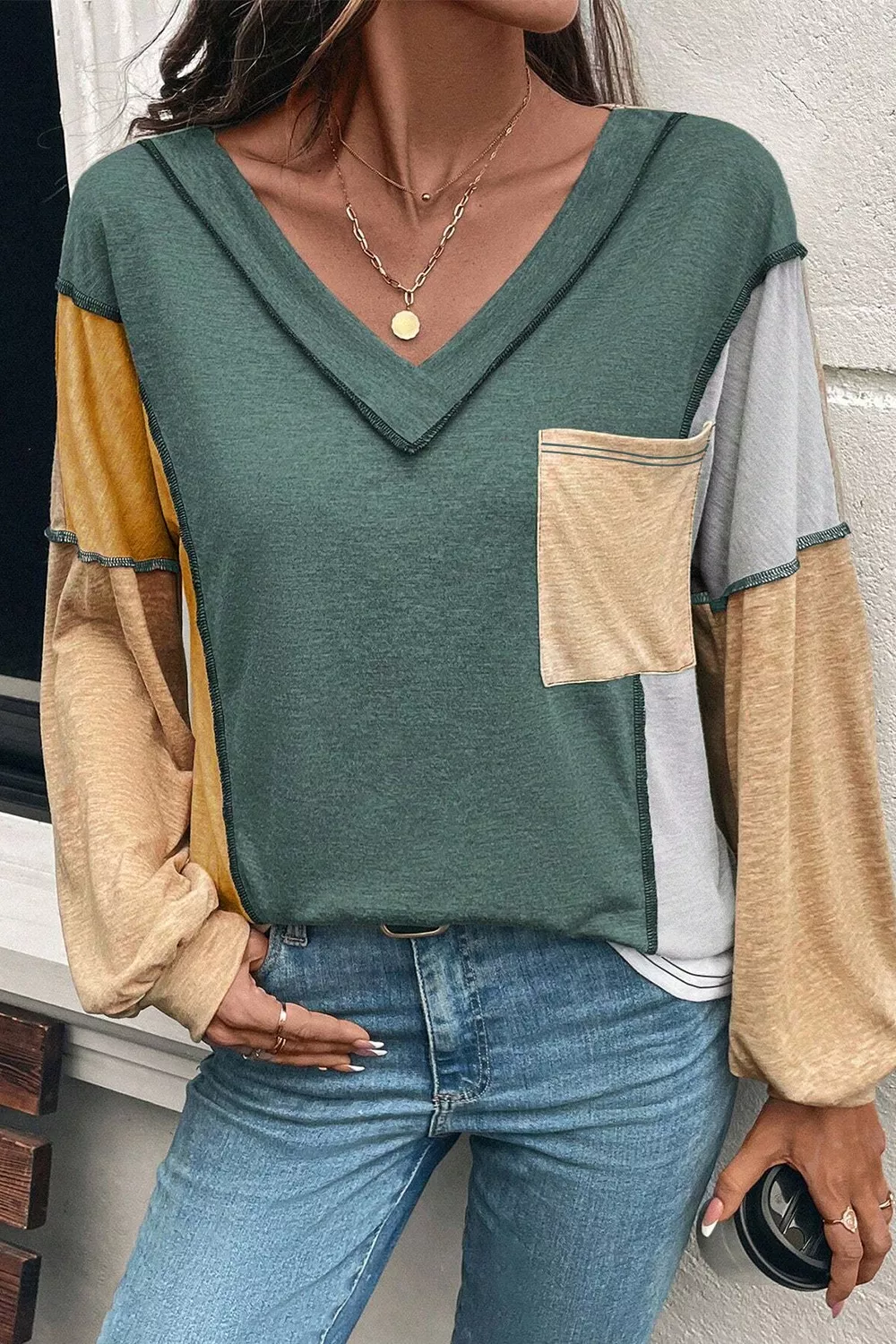 Color Block V-Neck Long Sleeve T-Shirt, image 3