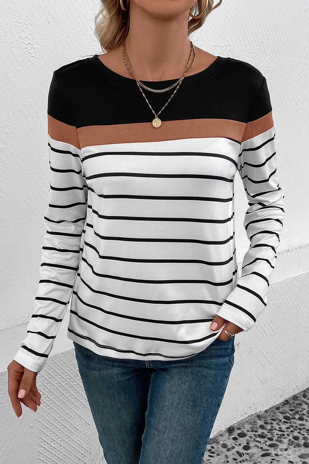 Striped Round Neck Long Sleeve T-Shirt, image 7