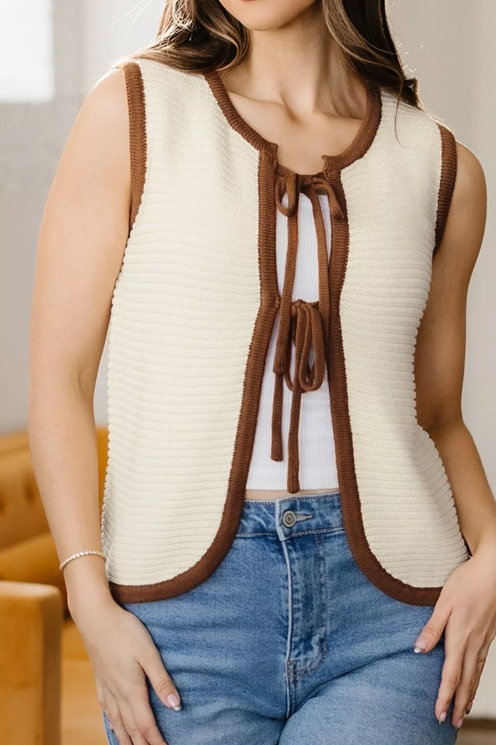 Contrast Trim Tie-Front Sweater Vest, image 5