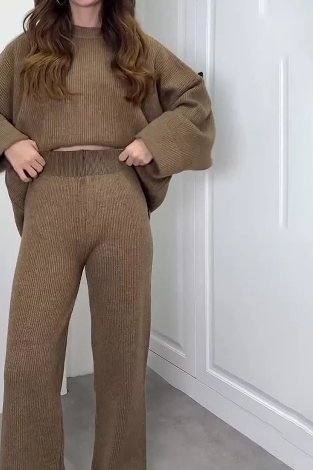 Dropped Shoulder Knit Sweater and Wide Leg Pants Set, image 8