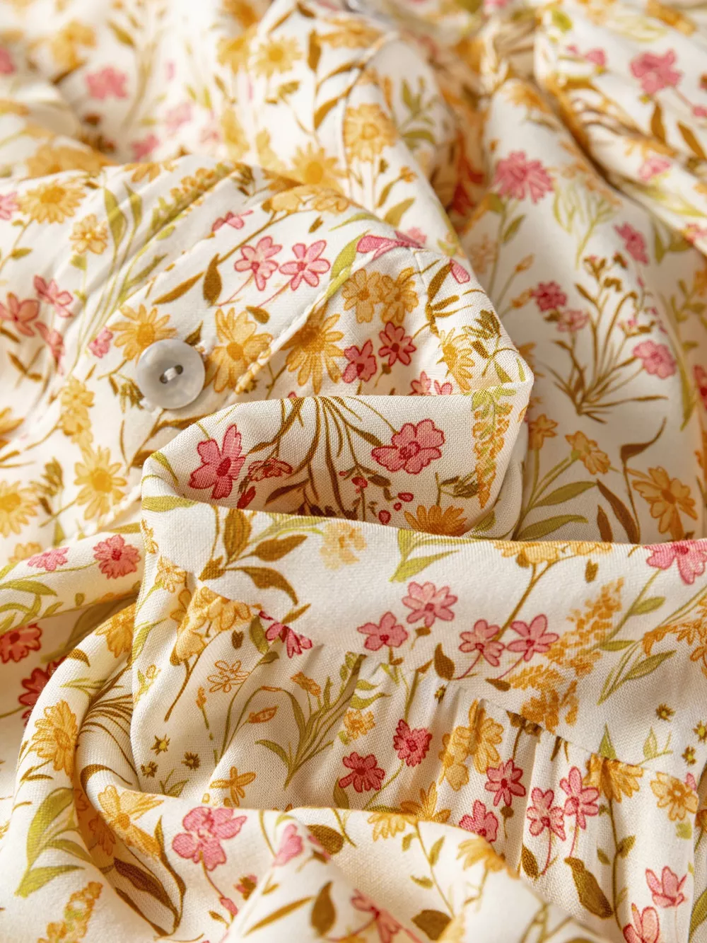 Floral Print Frilly Trim Smocked Cuff Long Sleeve Loose Shirt Dress, image 7