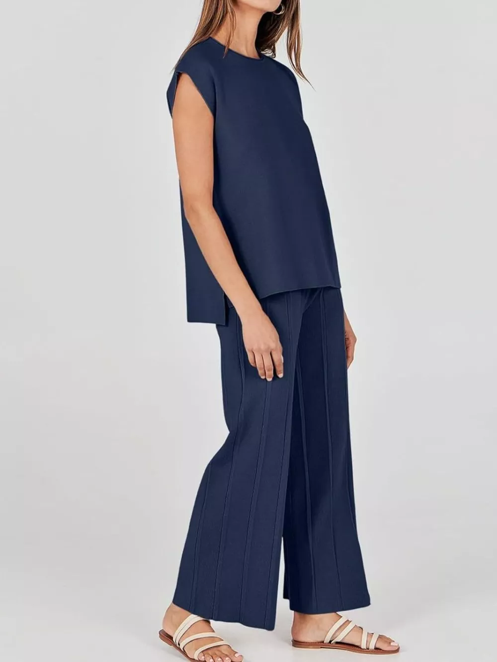 Casual Solid Color Cap Sleeve Top and Pants Knit Set, image 12