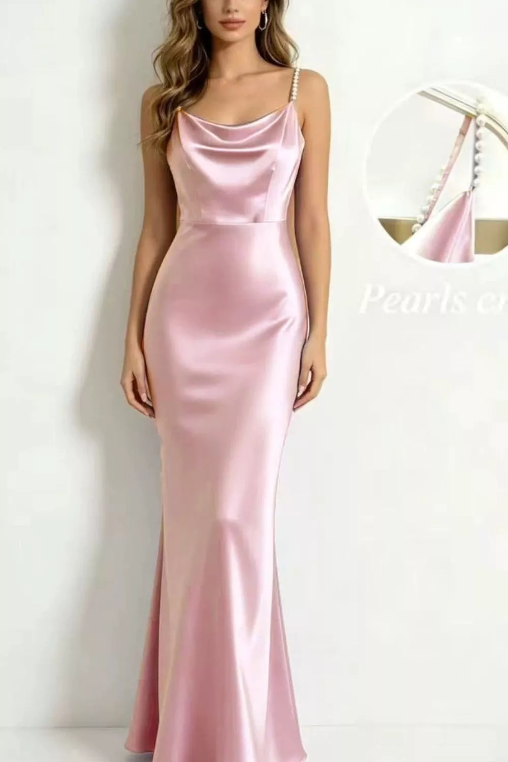 Pearl Strap Cowl Neck Satin Maxi Dress, image 2