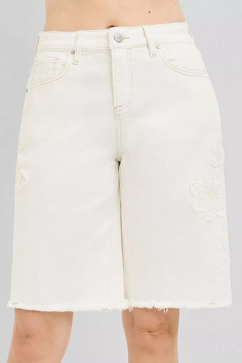 Slouchy Relaxed Floral Embroidered Bermuda Denim Shorts