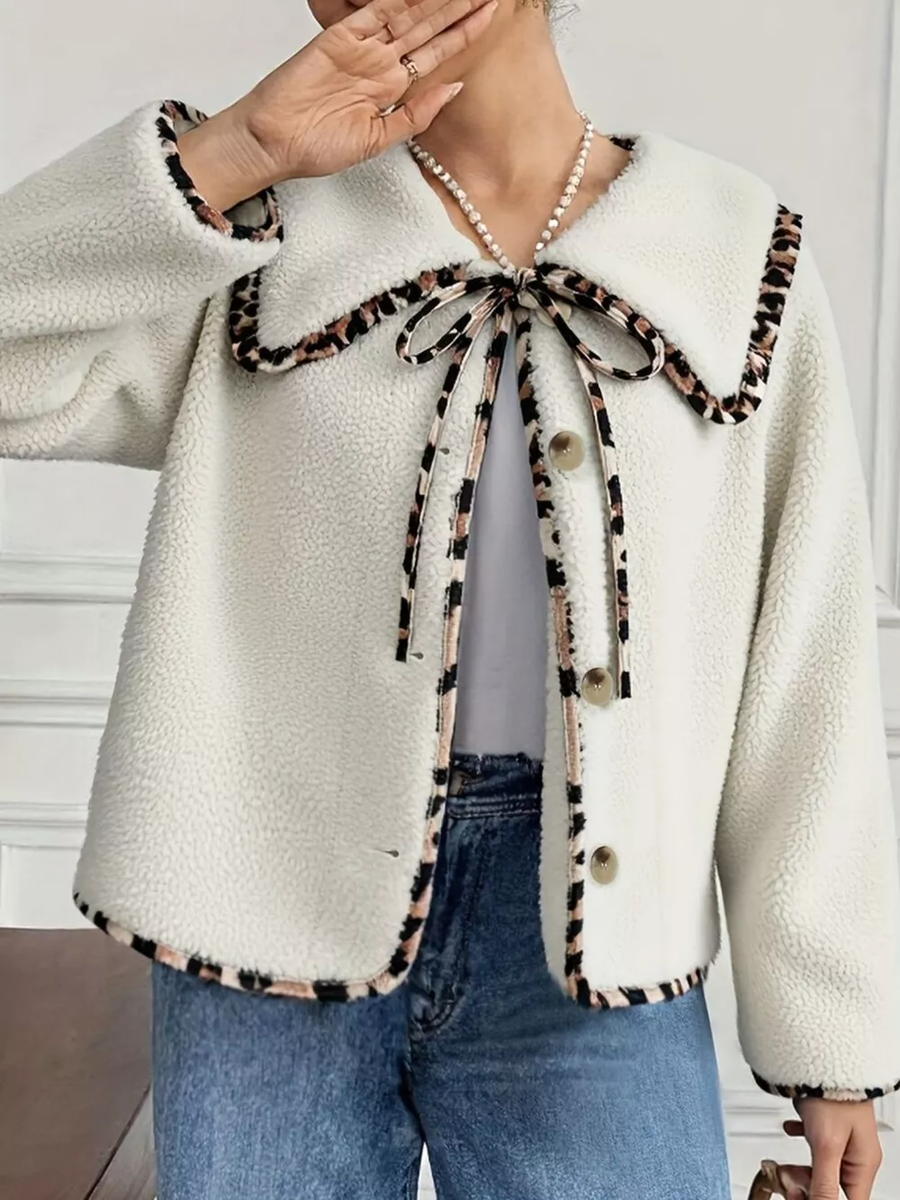 Leopard Trim Contrast Collar Sherpa Jacket, image 3