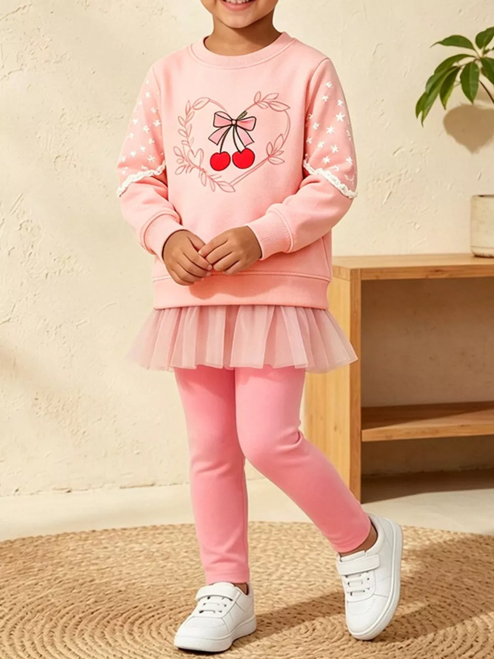 Children's Cherry Graphic Tulle Sweatshirt and Leggings Set, image 3
