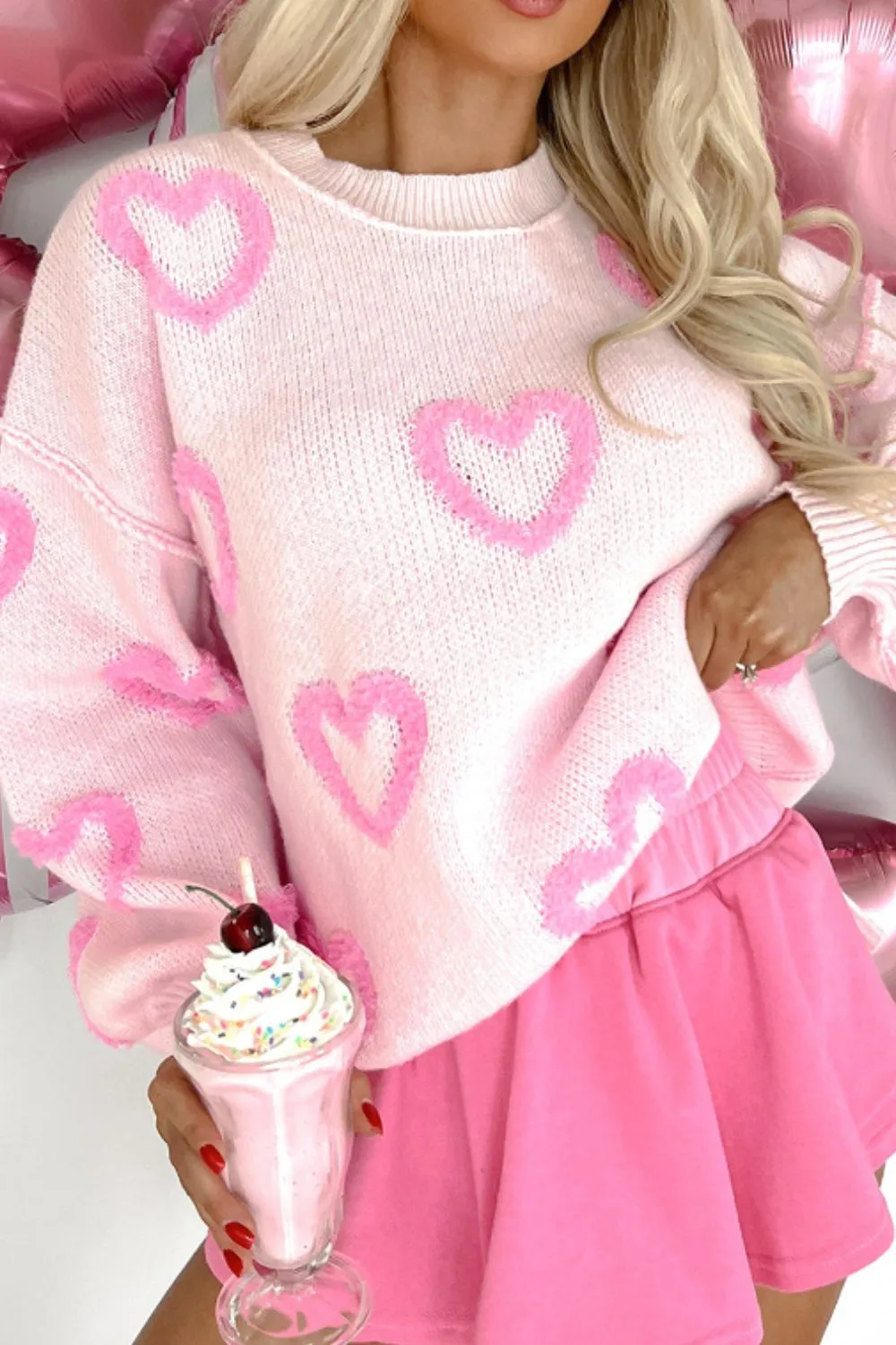 High-Low Heart Round Neck Long Sleeve Sweater, image 11