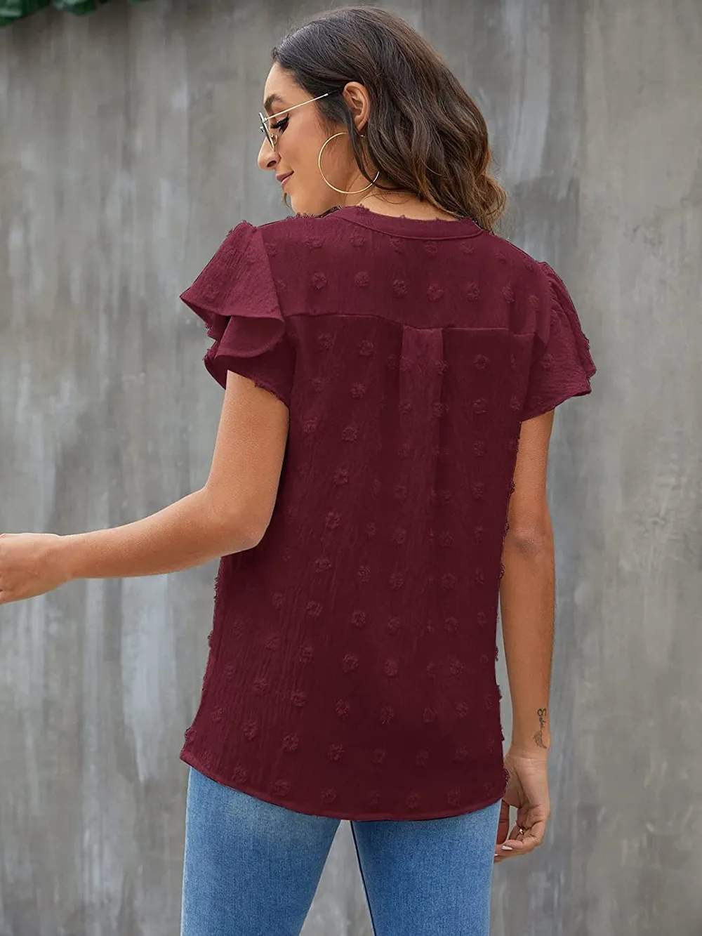 Swiss Dot Notched Flutter Sleeve Blouse, image 21