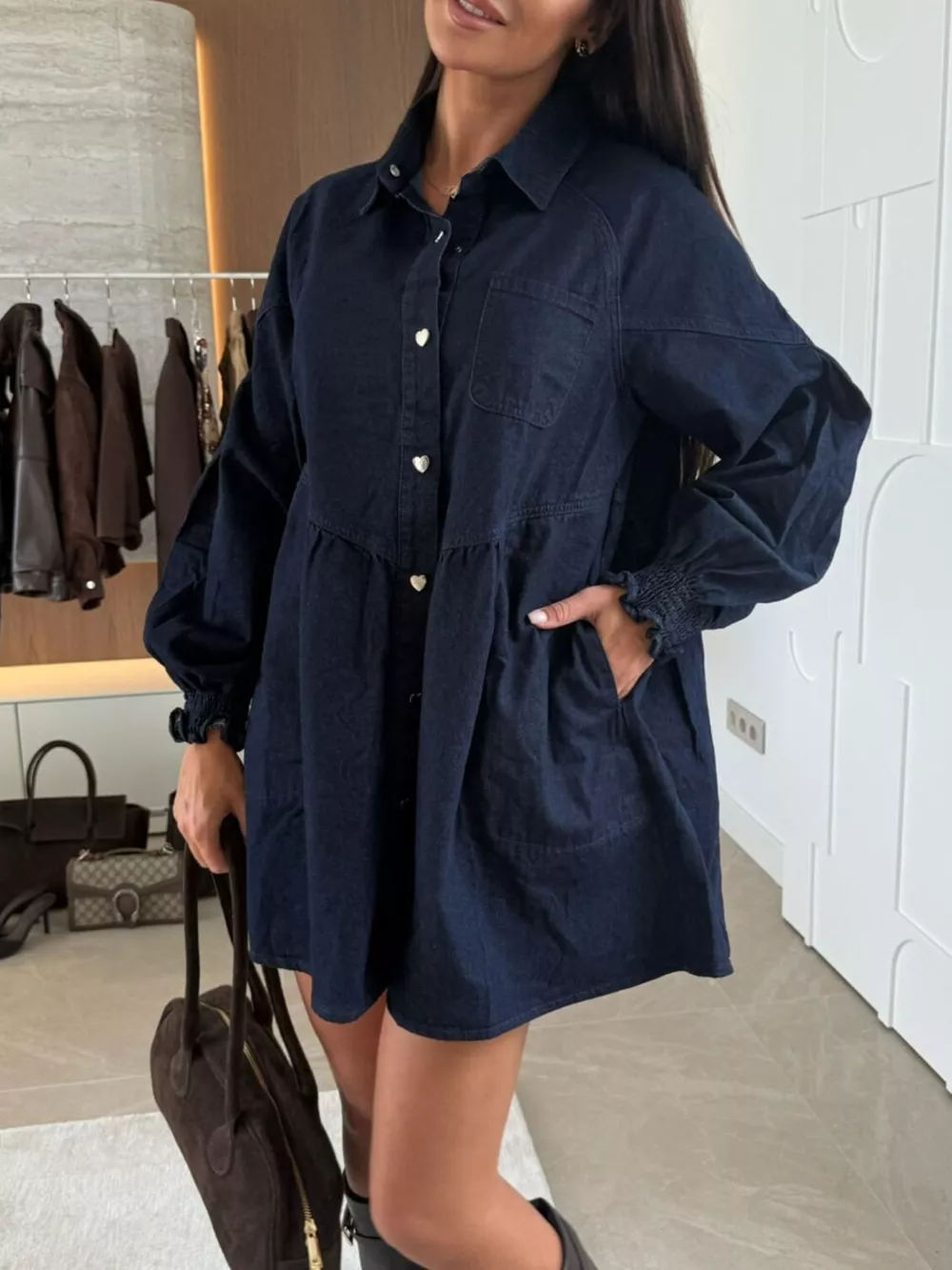 Button Down Mini Denim Dress with Front Pockets, image 10
