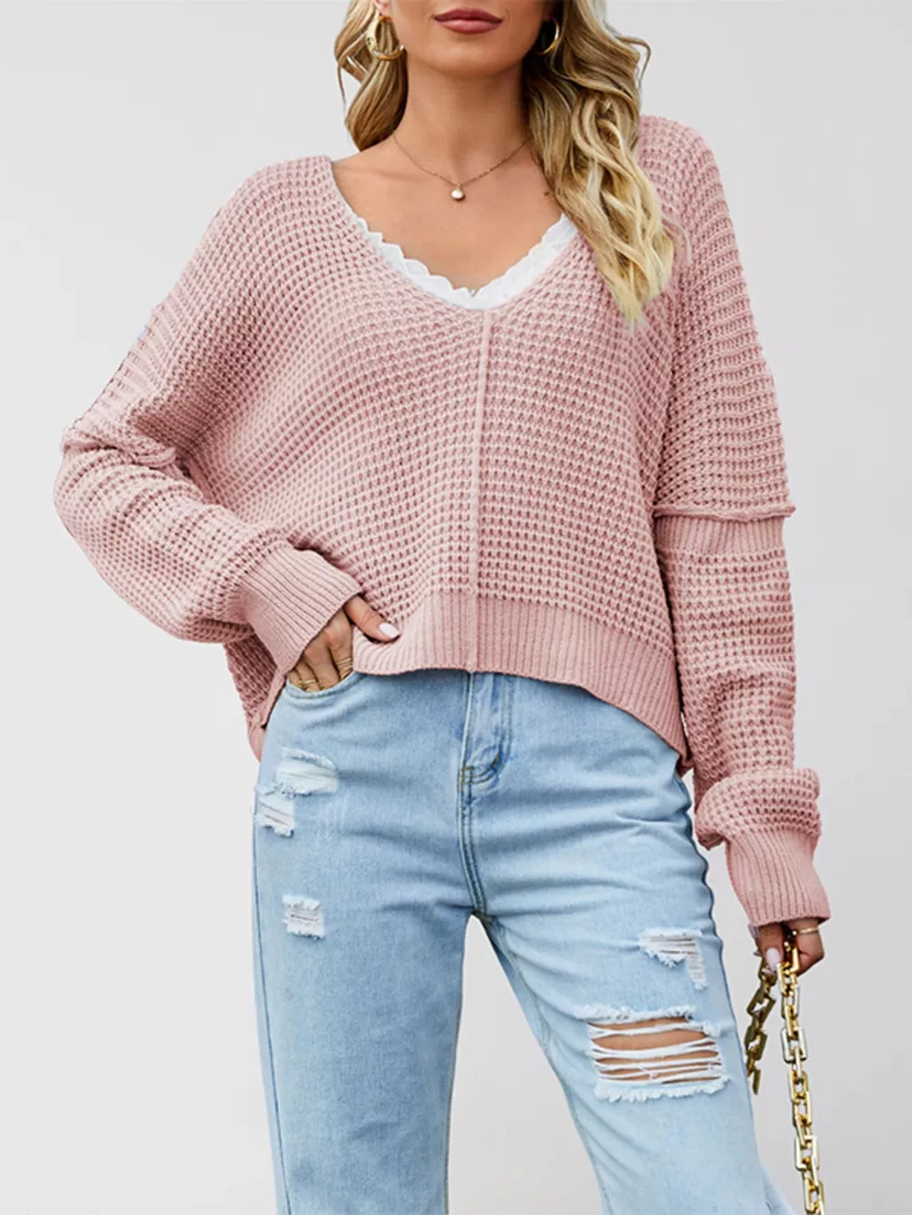 Waffle Knit Dropped Shoulder Sweater, image 9
