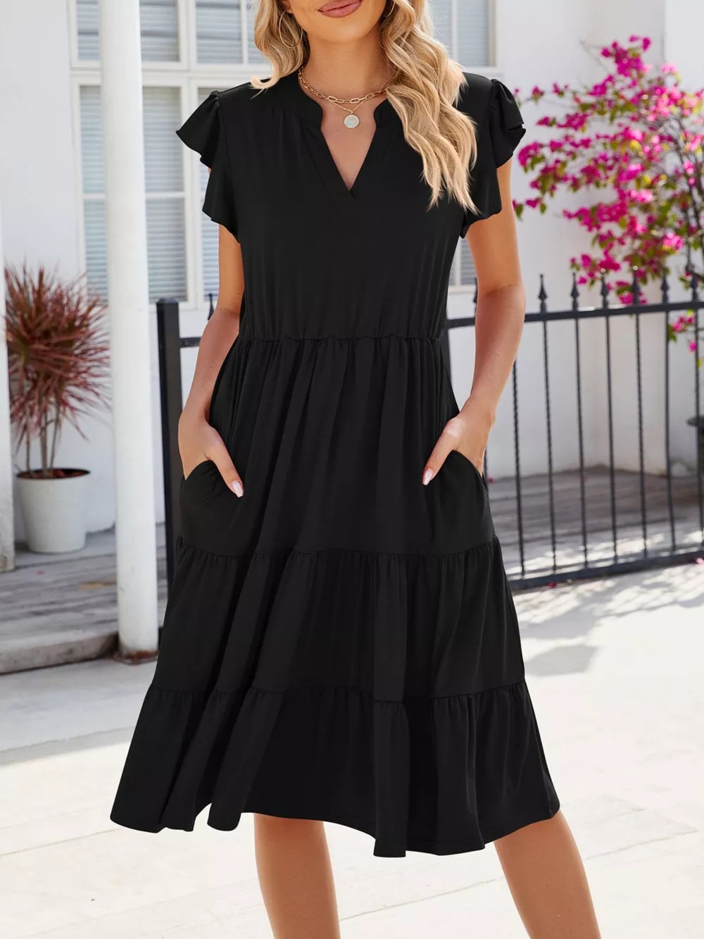 Ruffled Notched Tiered Midi Dress, image 15