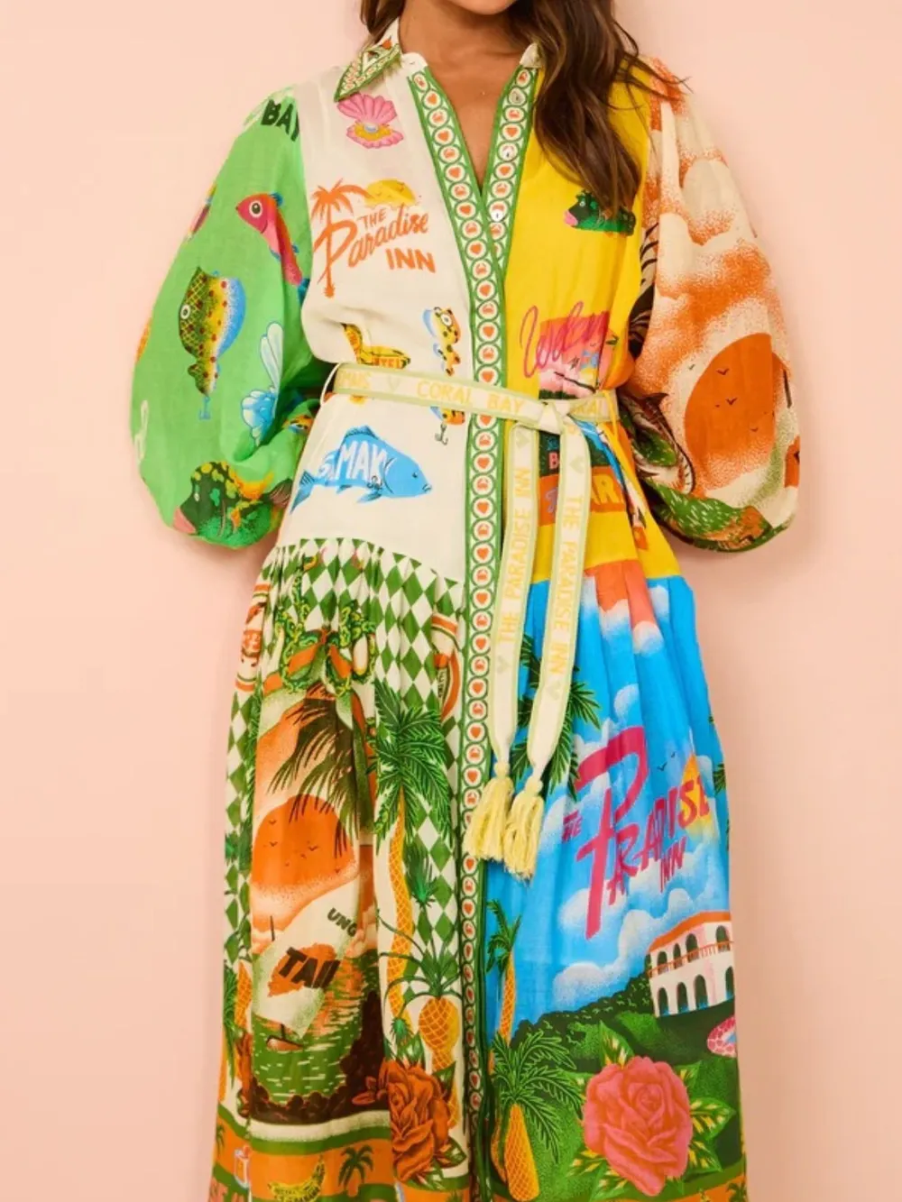 Printed Lantern Sleeve Midi Shirt Dress, image 5