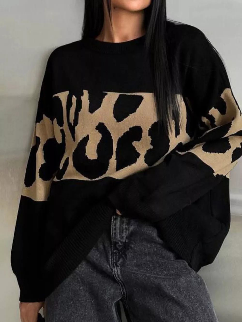 Leopard Color Block Round Neck Sweater, image 5