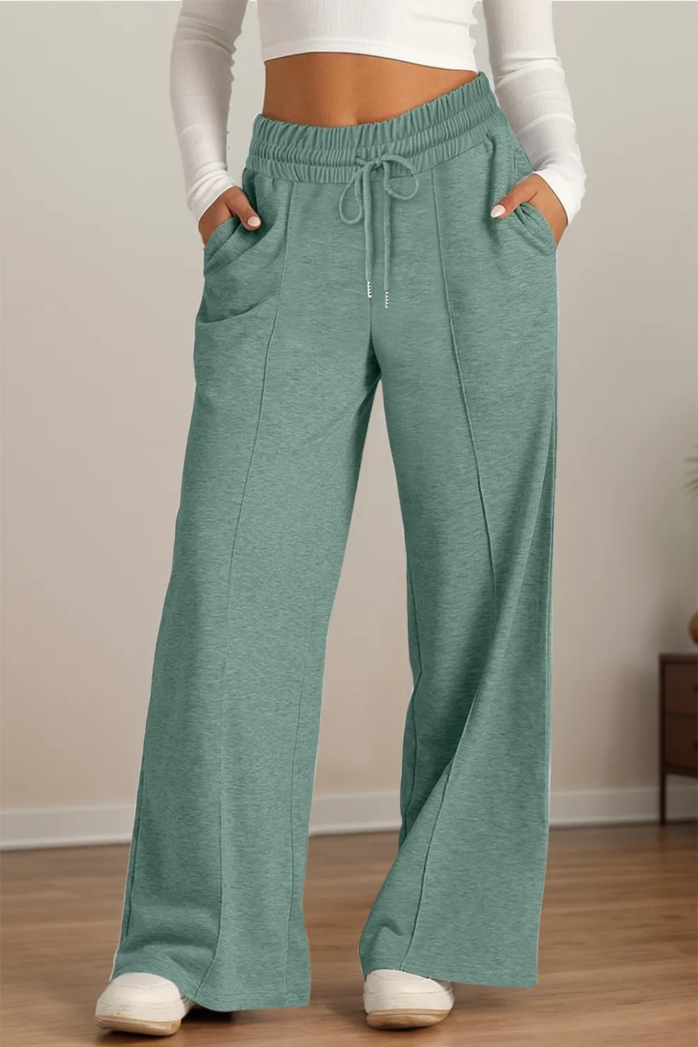 Drawstring Elastic Waist Wide Leg Pants, image 11
