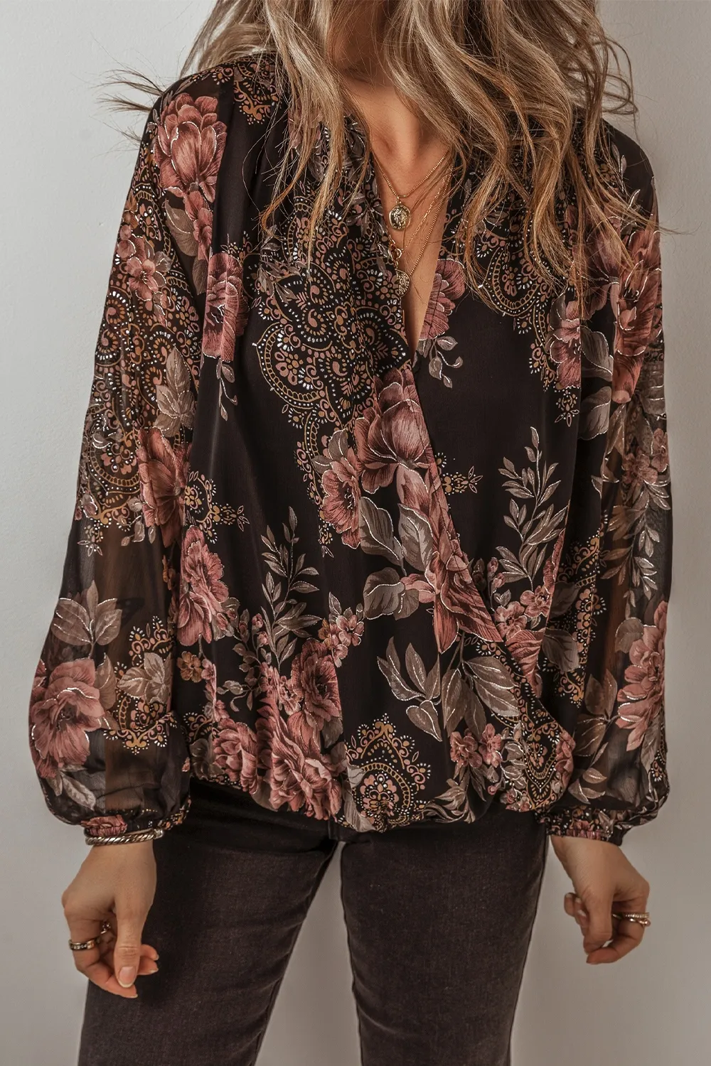 Printed Surplice Long Sleeve Blouse, image 3