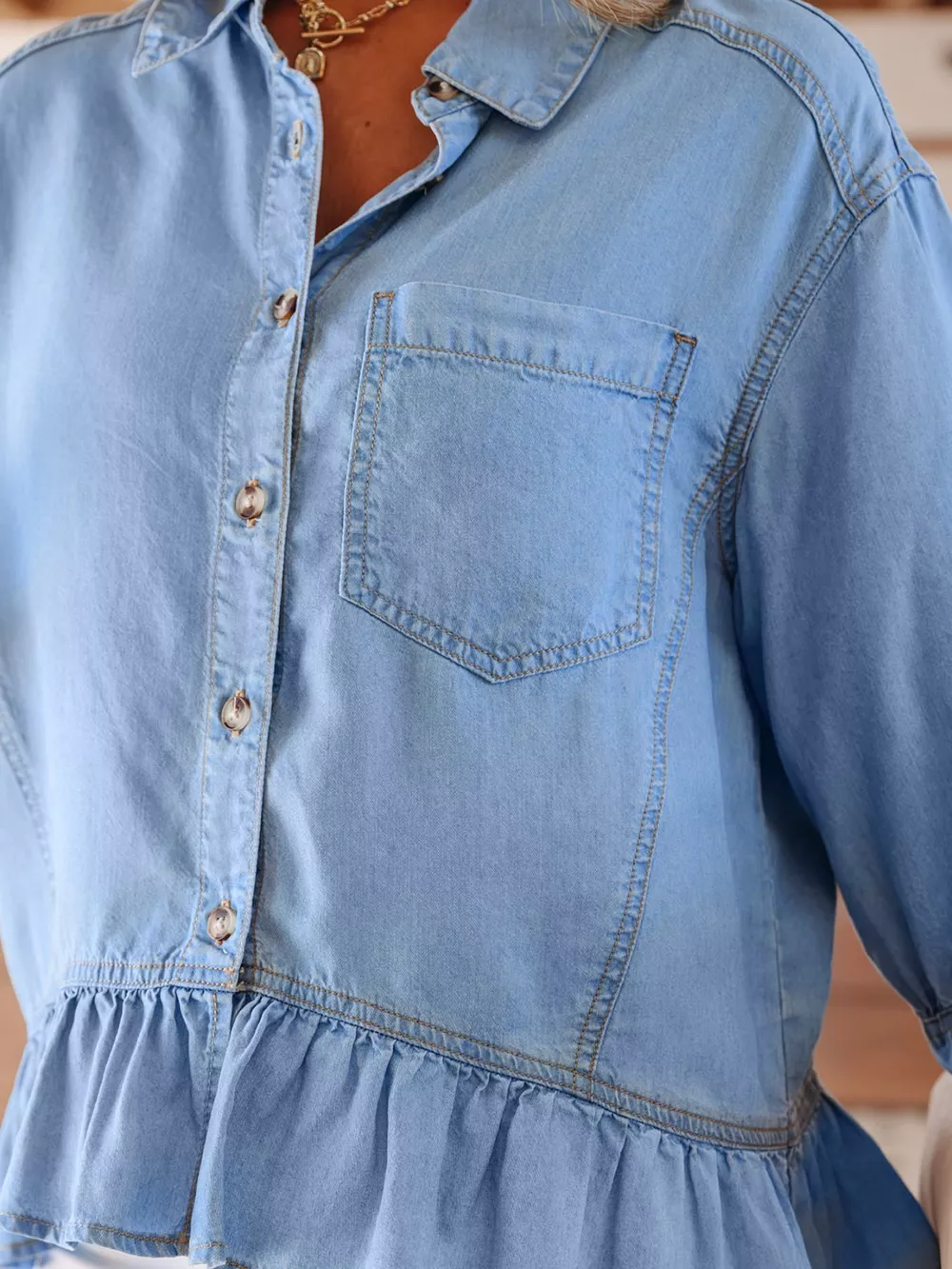 Half Sleeve Button Down Ruffled High Low Chambray Shirt, image 5