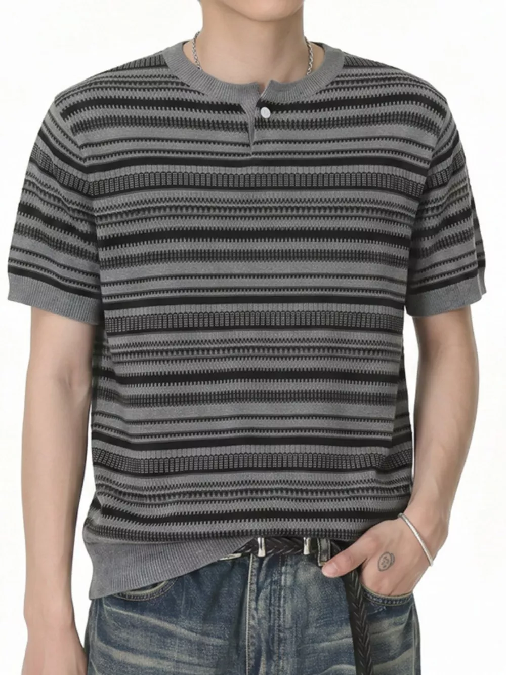 Men's Striped Knit Henley T-Shirt, image 2