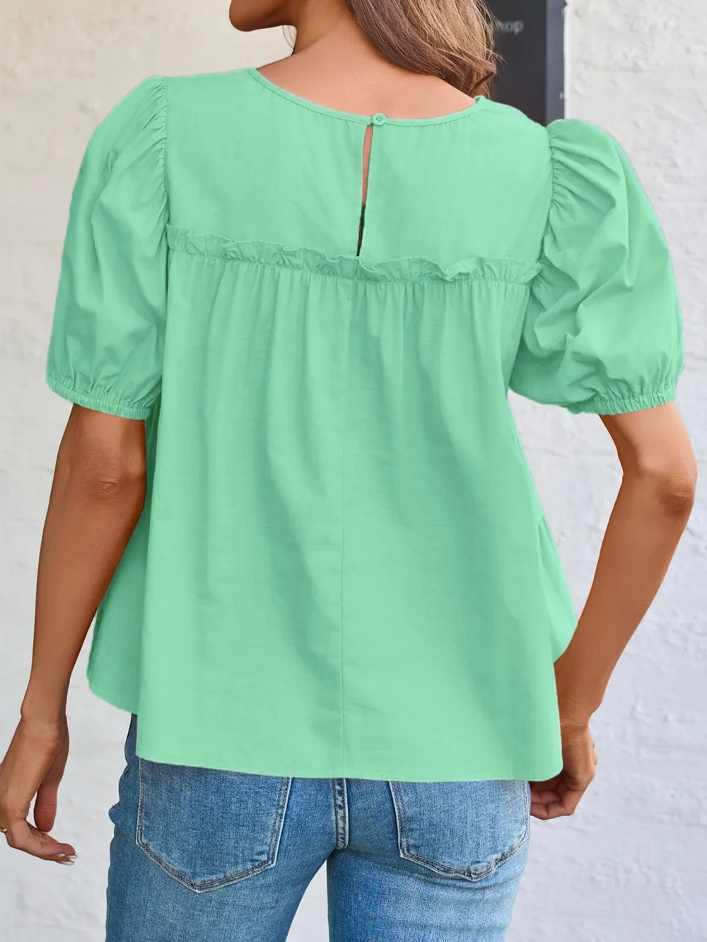 Round Neck Puff Sleeve Tiered Blouse, image 6