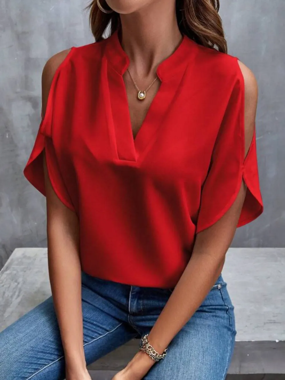 Notched Cold Shoulder Half Sleeve Blouse, image 15