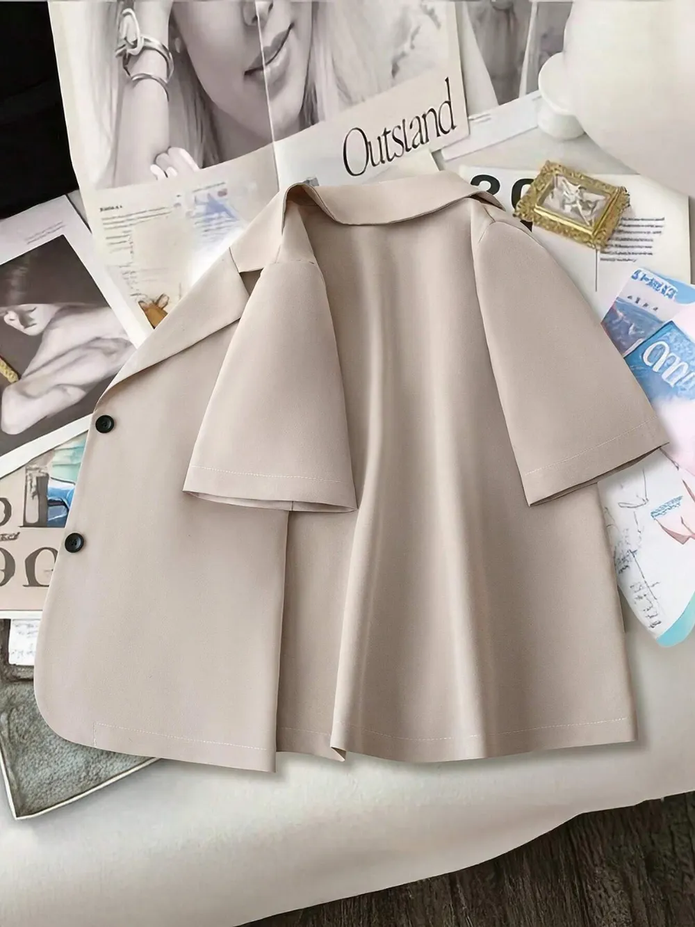 Short Sleeve Lapel Collar Solid Blazer, image 2
