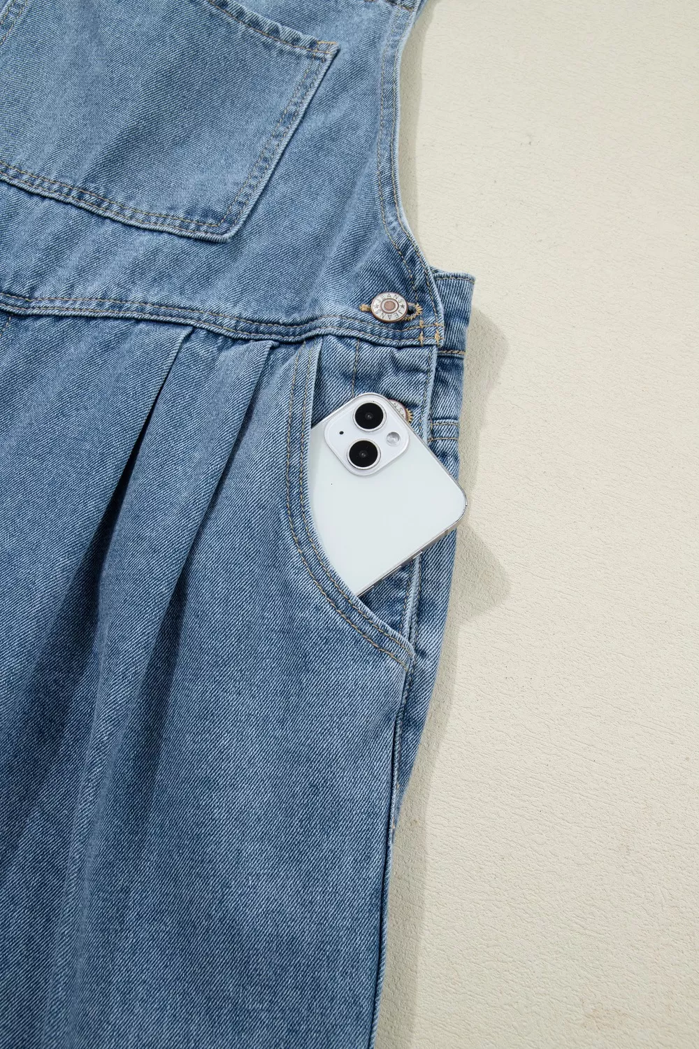 Pleated Wide Leg Retro Pocketed Denim Jumpsuit, image 12