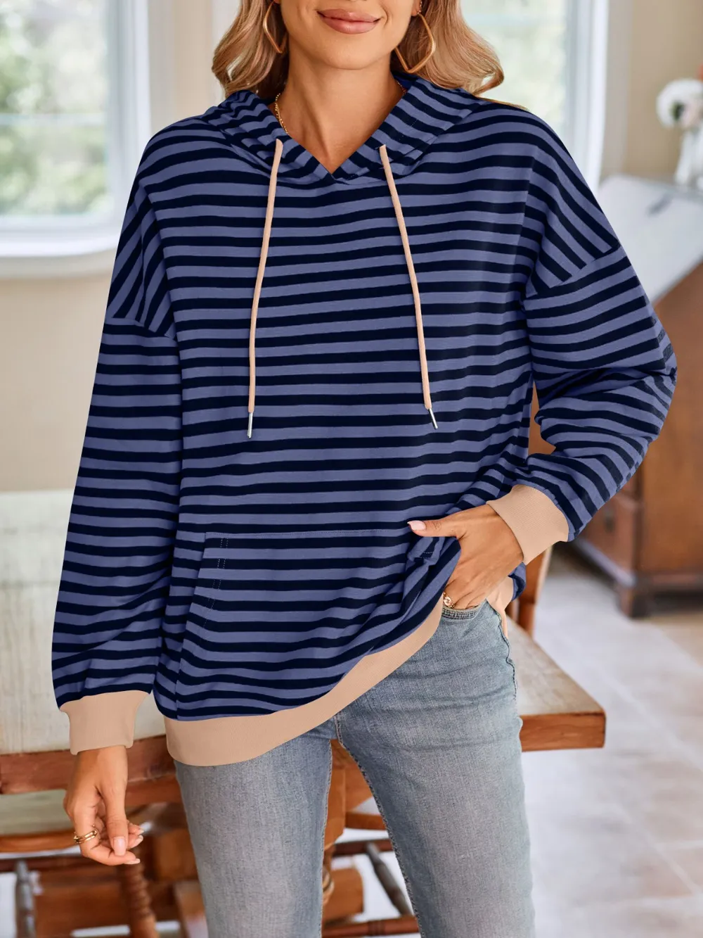 Drawstring Striped Long Sleeve Hoodie, image 27