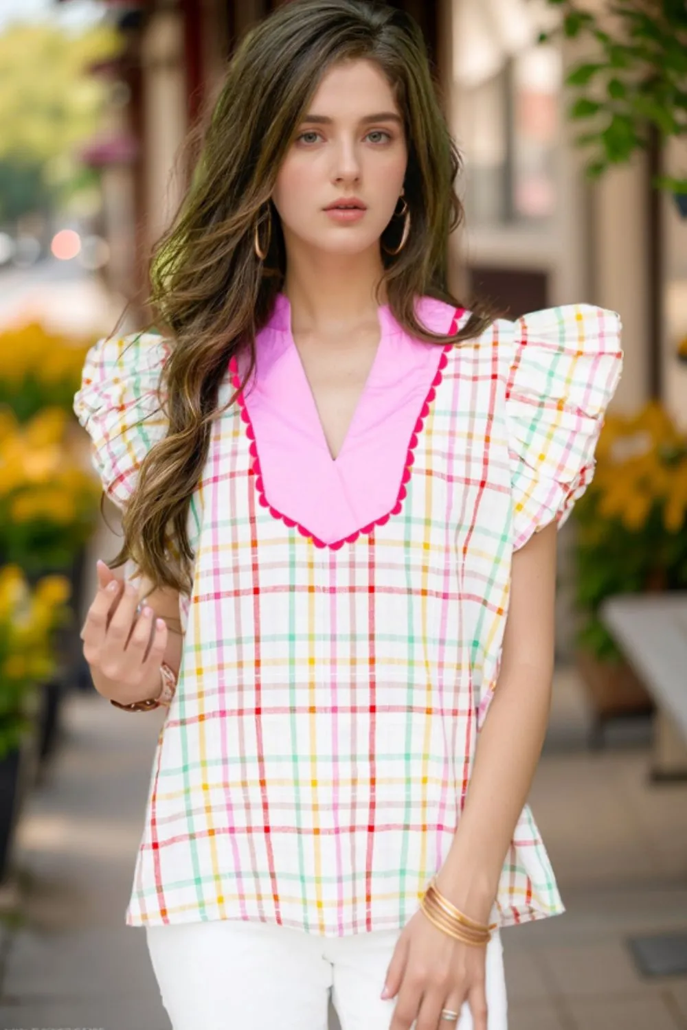 Plaid Flutter Sleeve Ric Rac Split V Neck Blouse, image 7