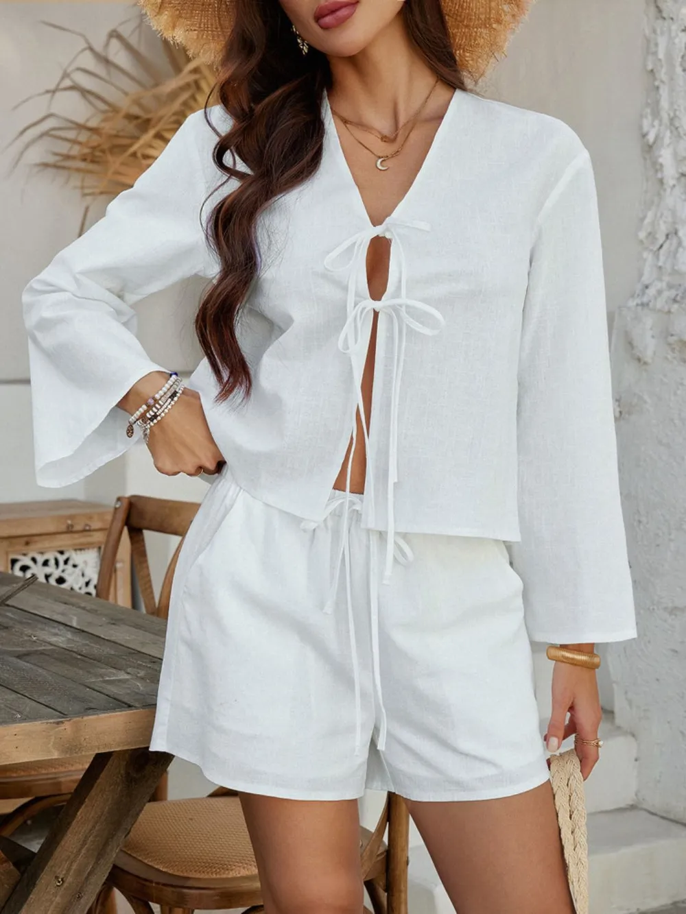 Double Tied V-Neck Top and Shorts Set, image 12