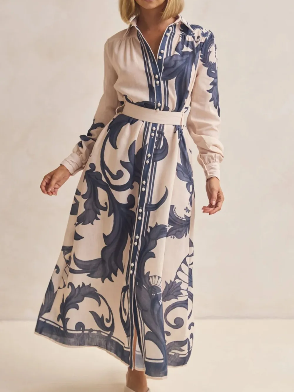 Printed Button Down Belted Shirt Dress, image 15