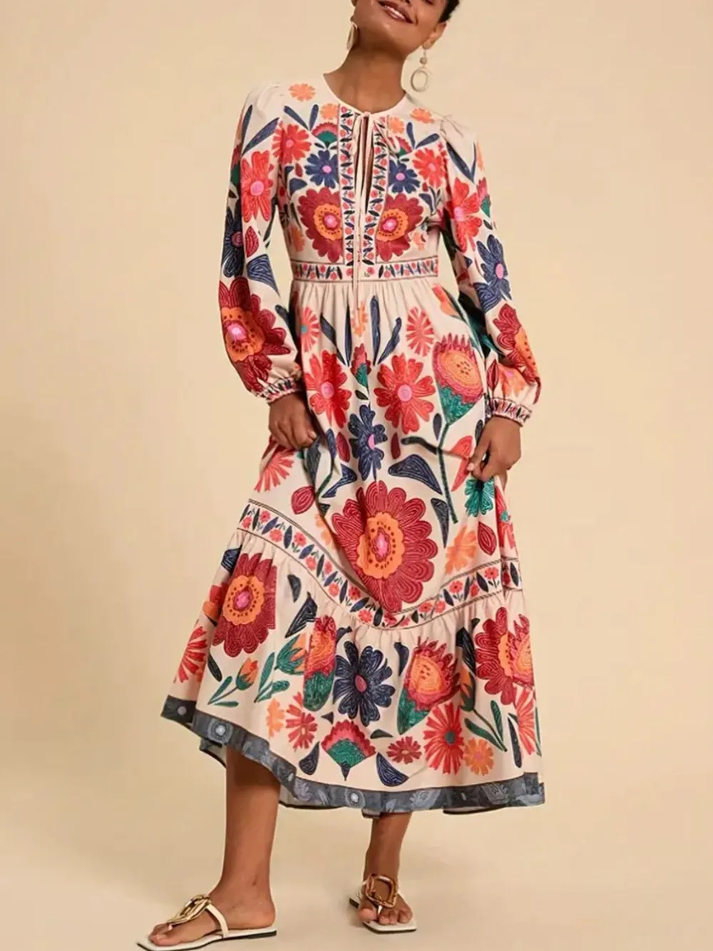 Floral Tie Waist Long Sleeve Dress, image 11