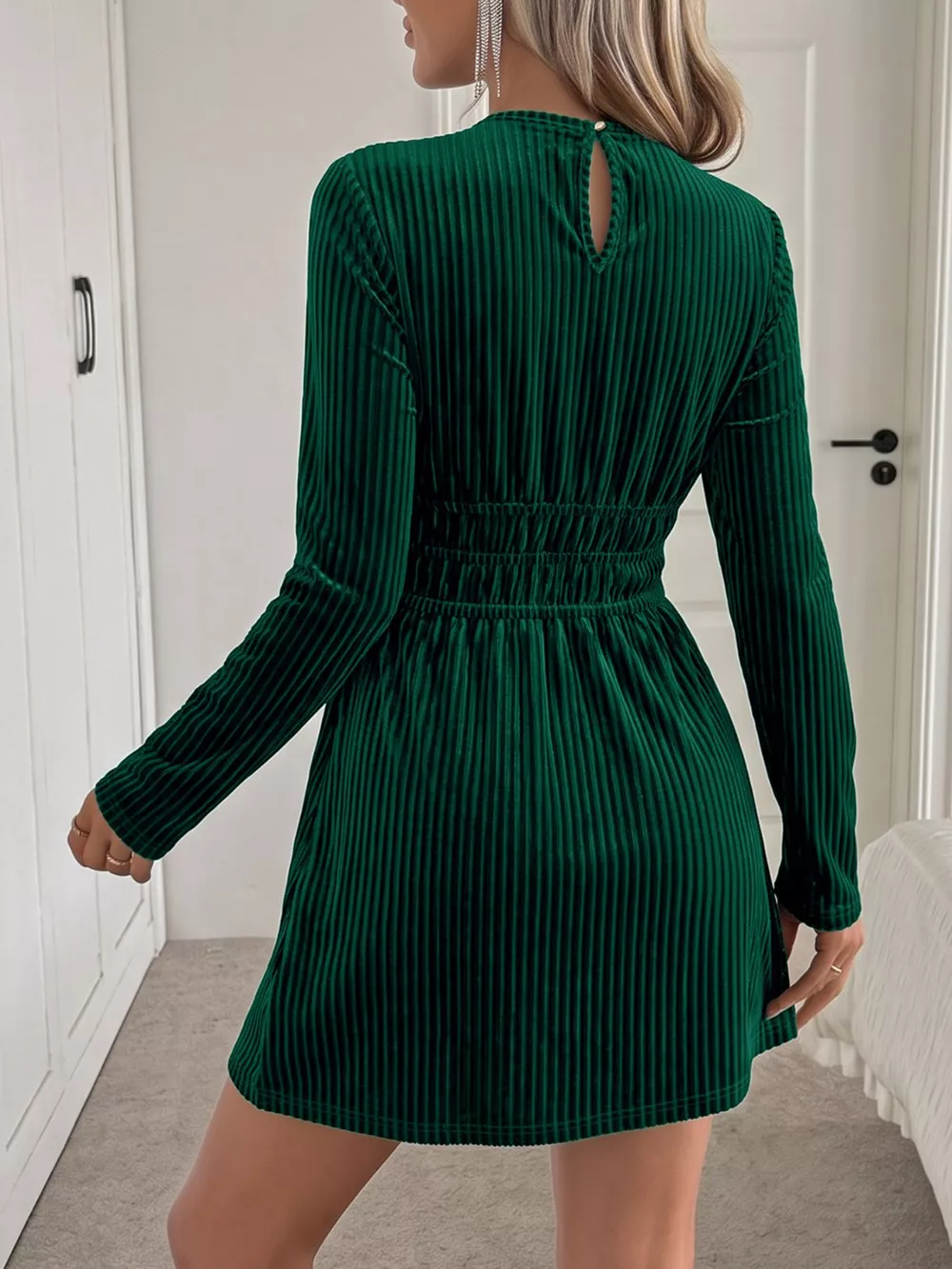 Ribbed Keyhole Long Sleeve Mini Dress, image 6