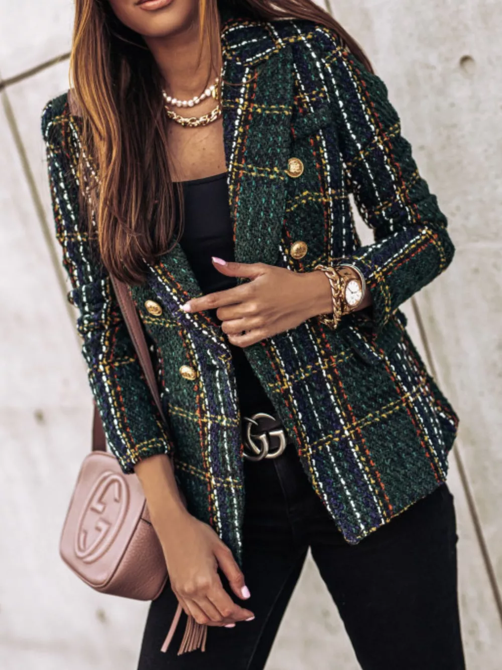 Full Size Plaid Tweed Double-Breasted Blazer Plus Size, image 6