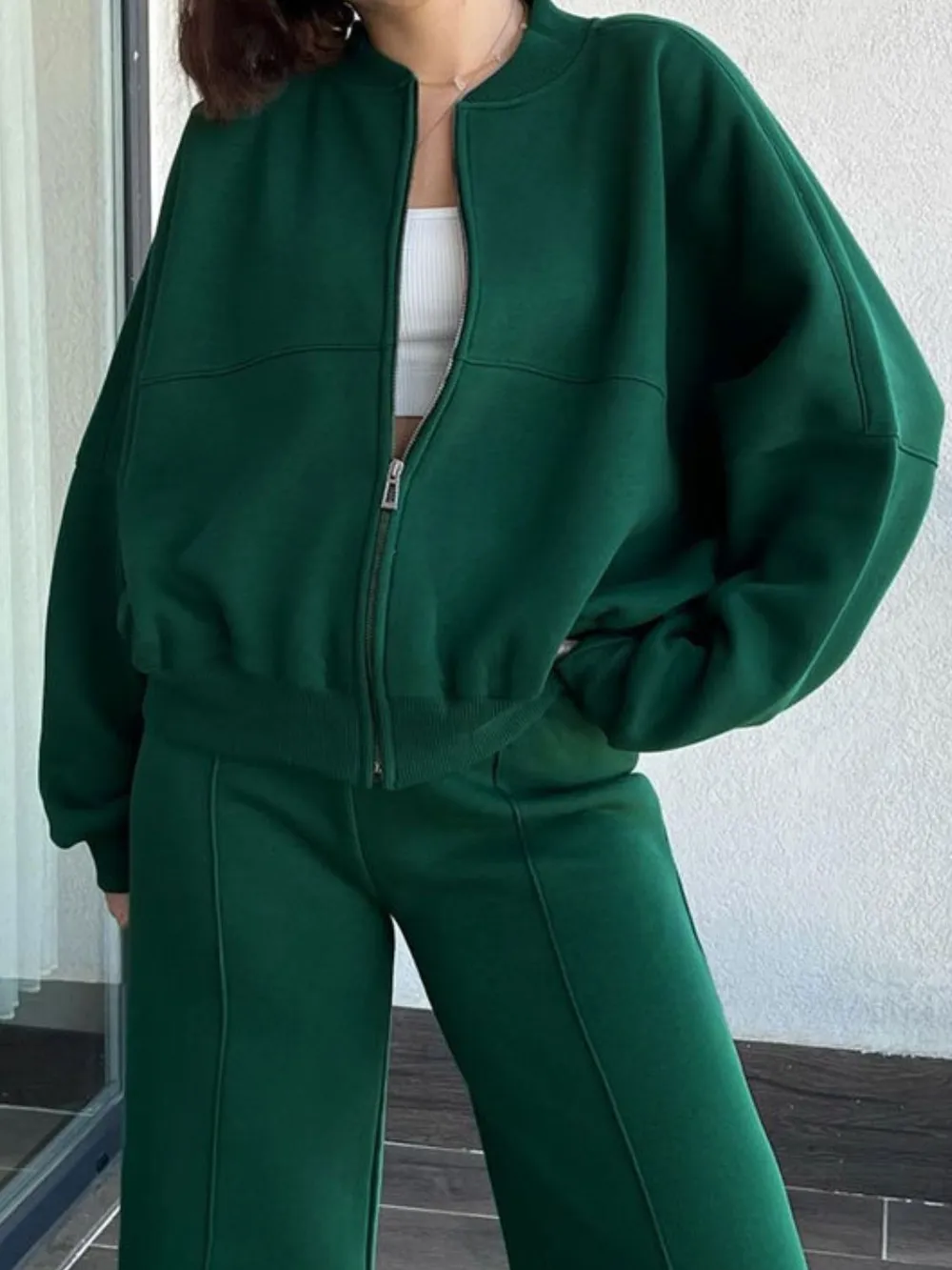 Baseball Collar Zip Up Top and Drawstring Paants Set, image 20