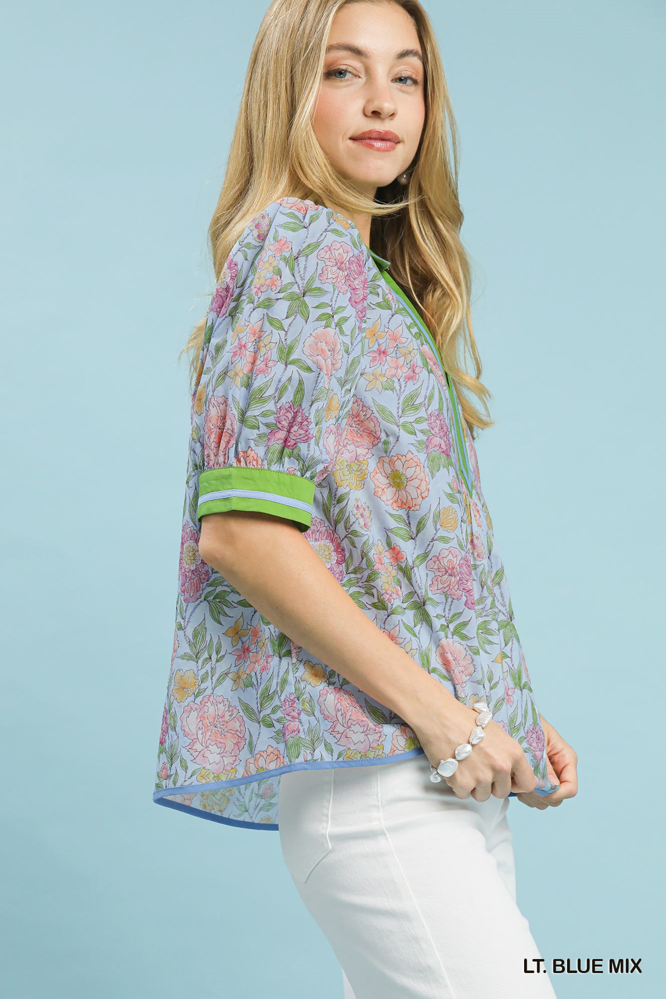 Mix Floral Puff Sleeve Blouse with Contrast Trim, image 4