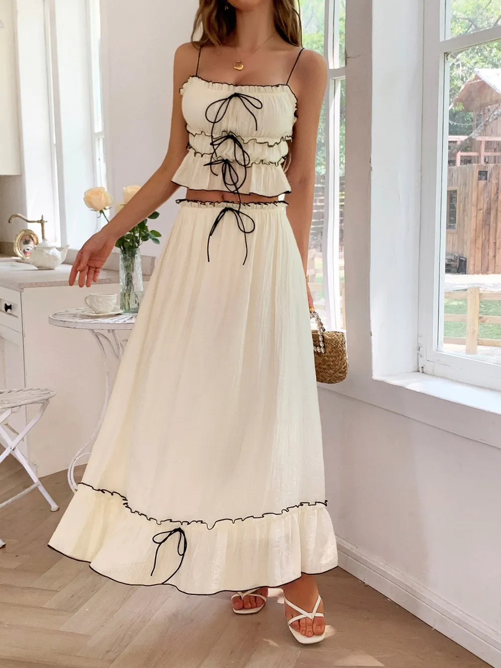 Frill Square Neck Cami and Skirt Set, image 2