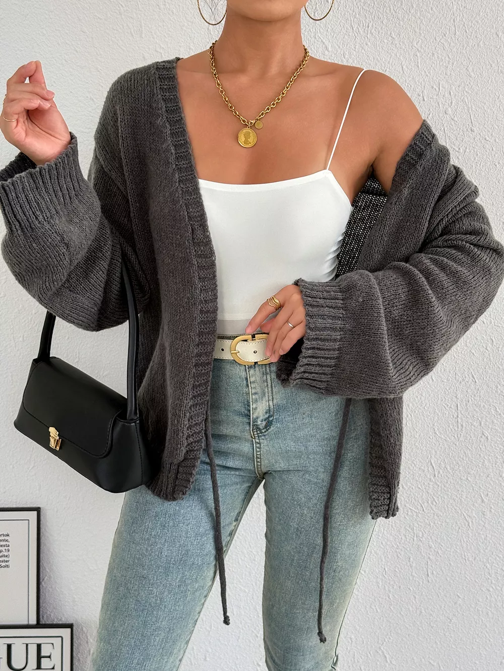 Tie-Front Dropped Shoulder Cardigan, image 5