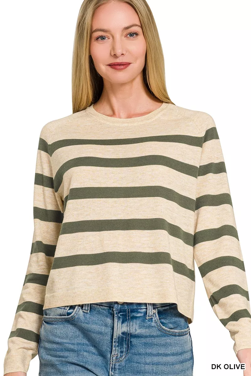 Lightweight Wool Blend Striped Round Neck Sweater, image 2