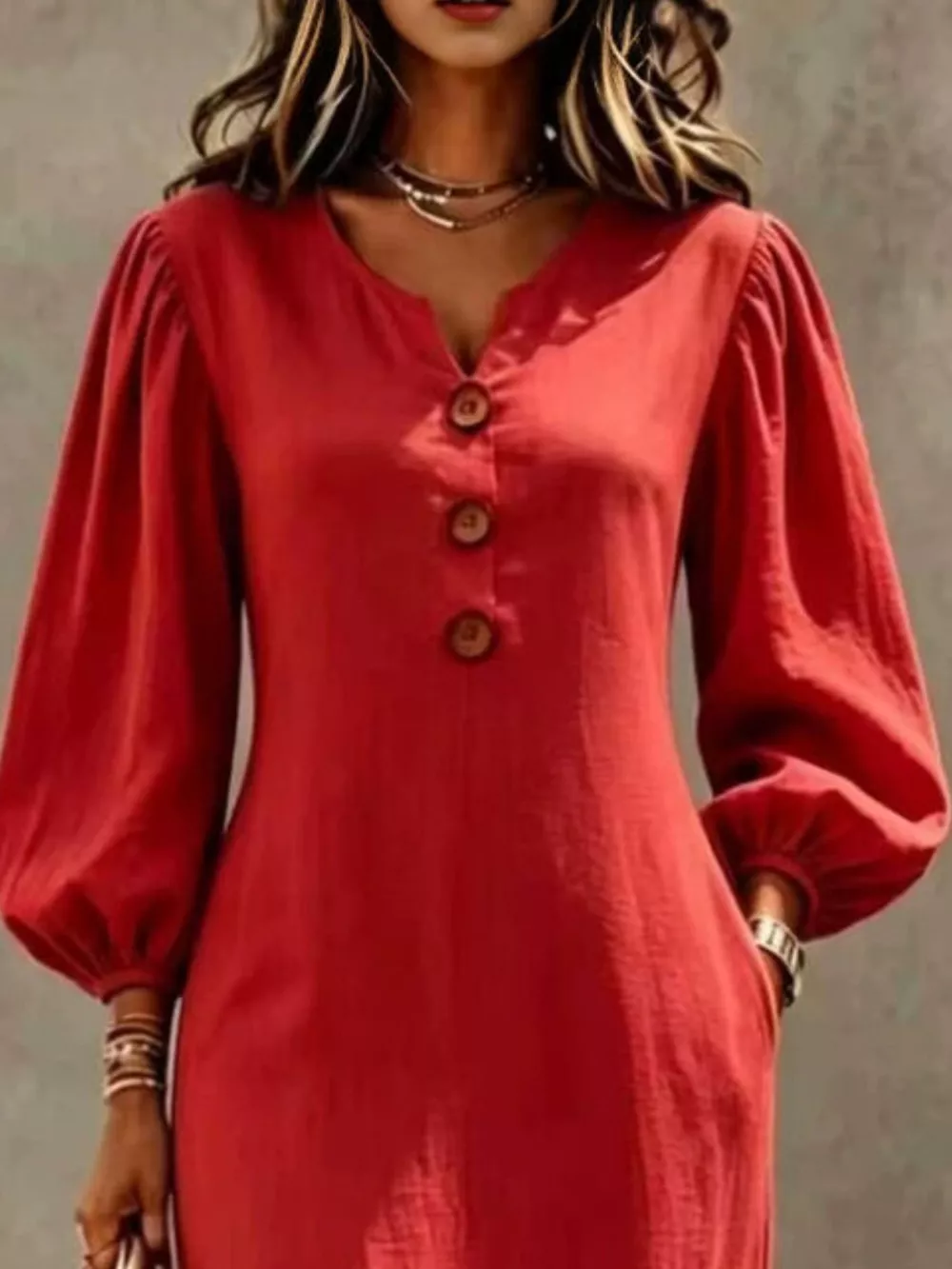 Decorative Button Balloon Sleeve Maxi Dress, image 5