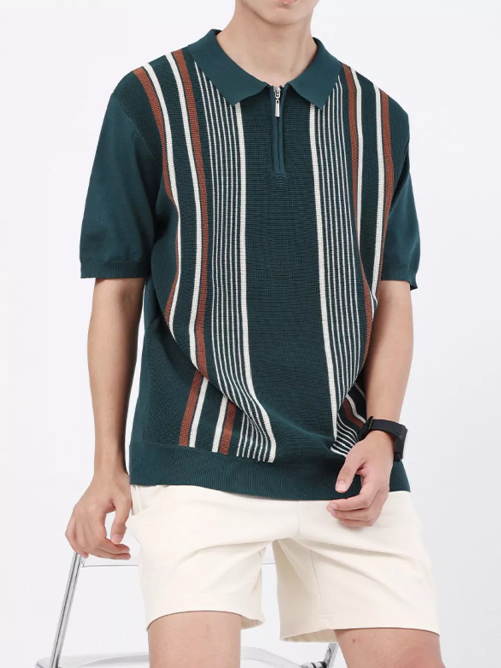 Men's Plus Size Striped Knit Polo with Zipper, image 8