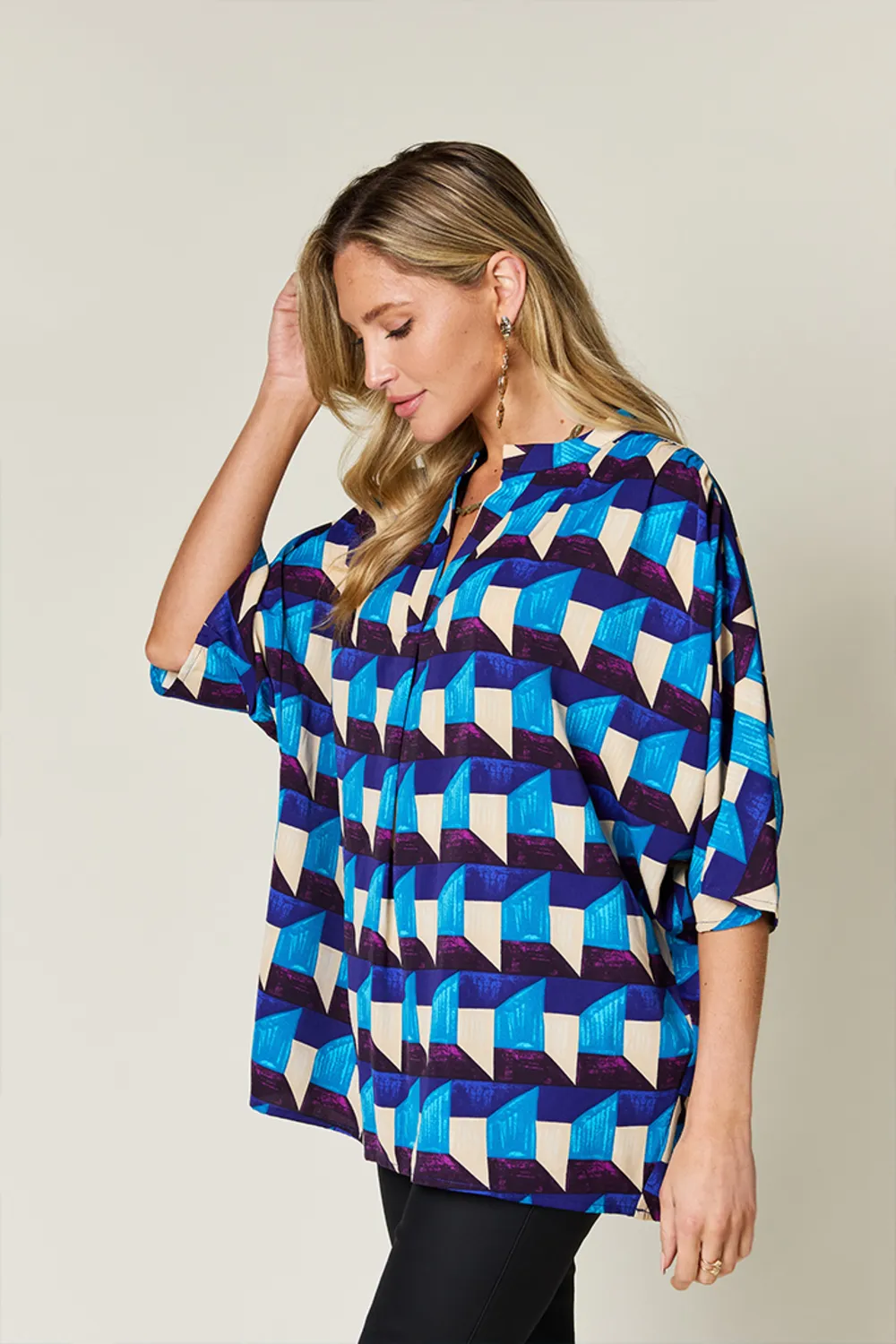 Full Size Geometric Notched Half Sleeve Blouse, image 8