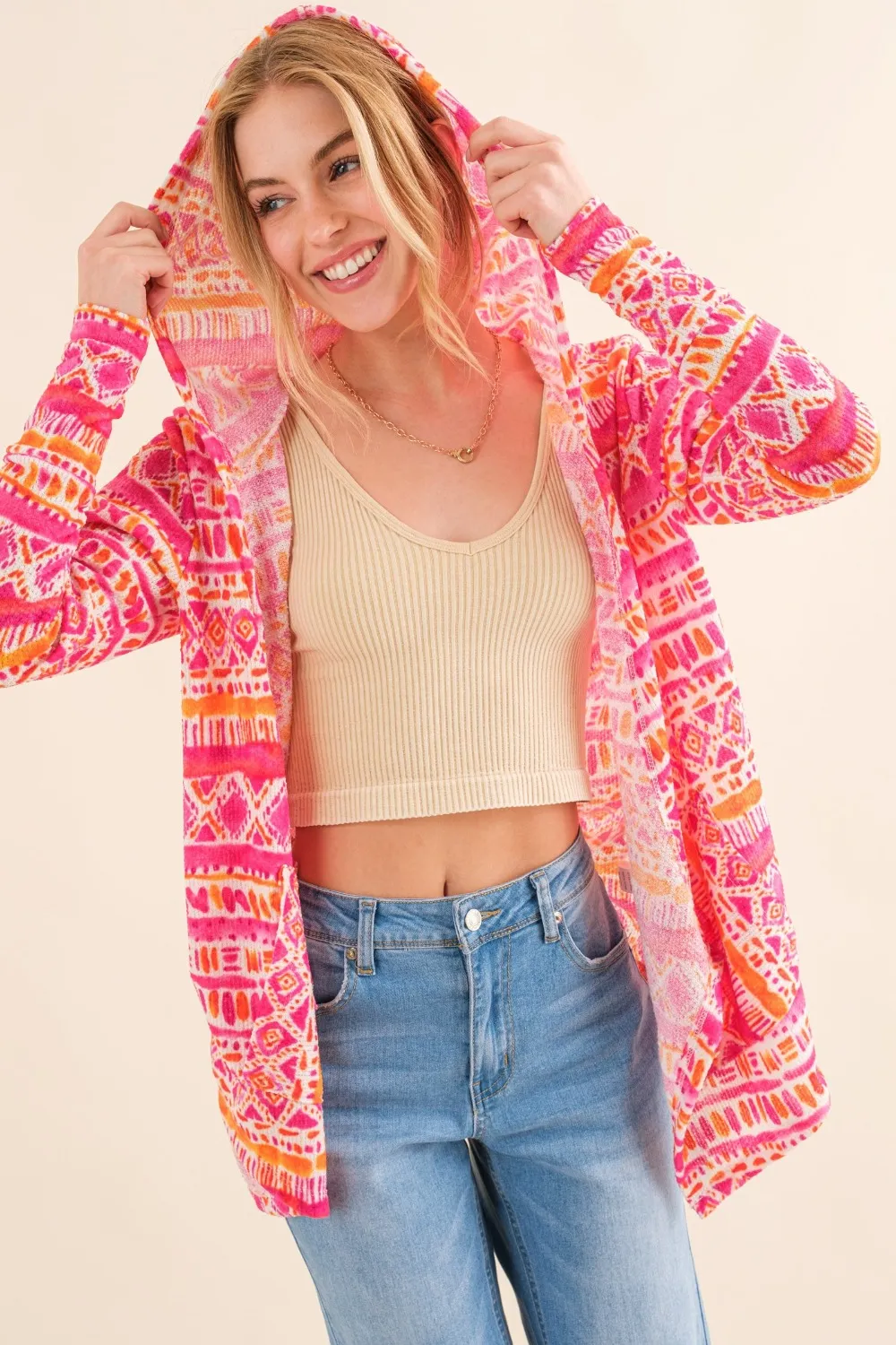 Full Size Printed Thermal Hooded Open Front Cardigan, image 3