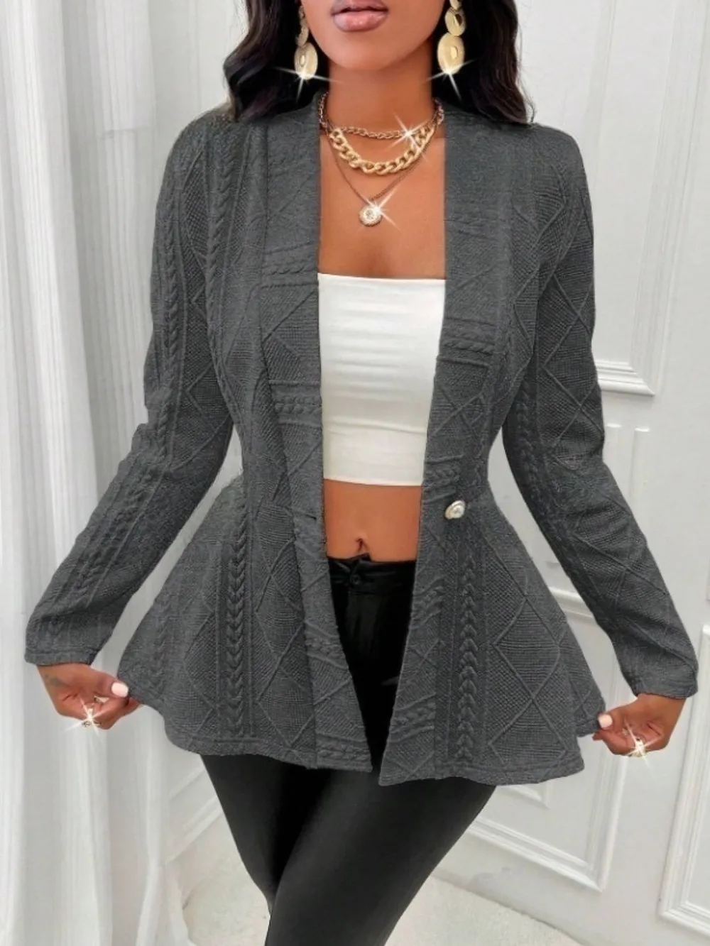 One Button Textured Peplum Cardigan, image 19