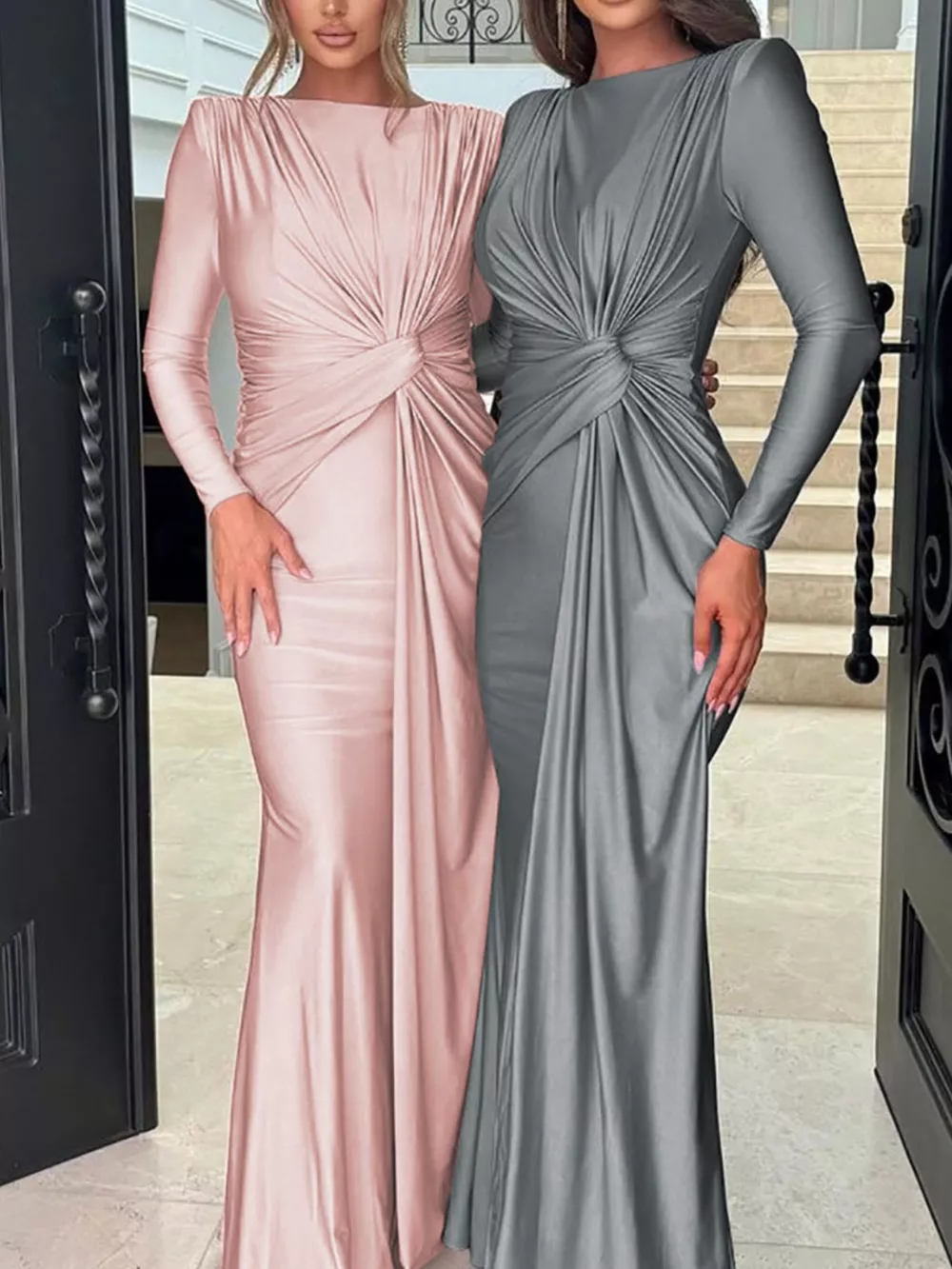 Ruched Knot Front Long Sleeve Maxi Dress, image 16