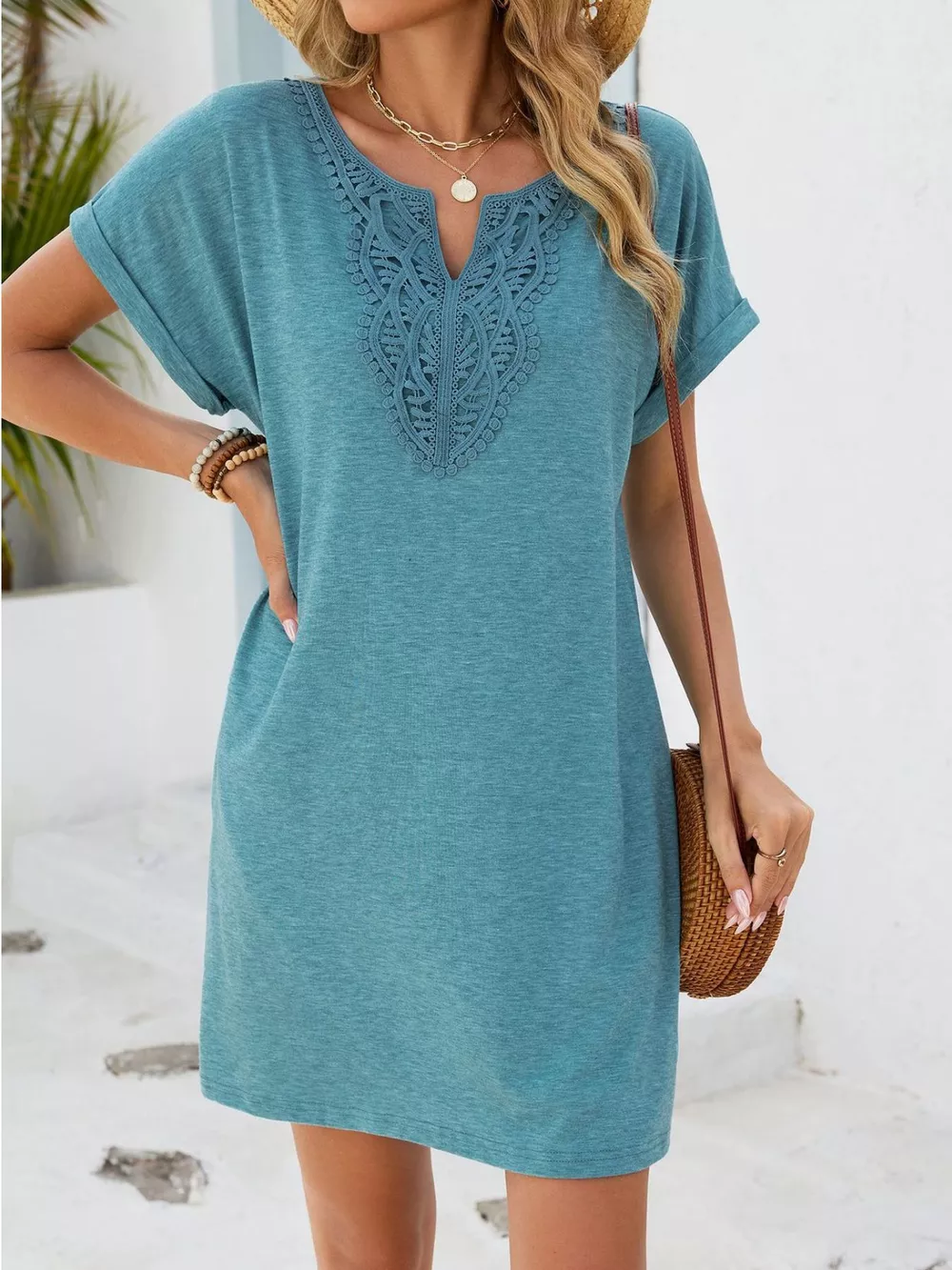 Lace Trim Notched Short Sleeve Dress, image 8