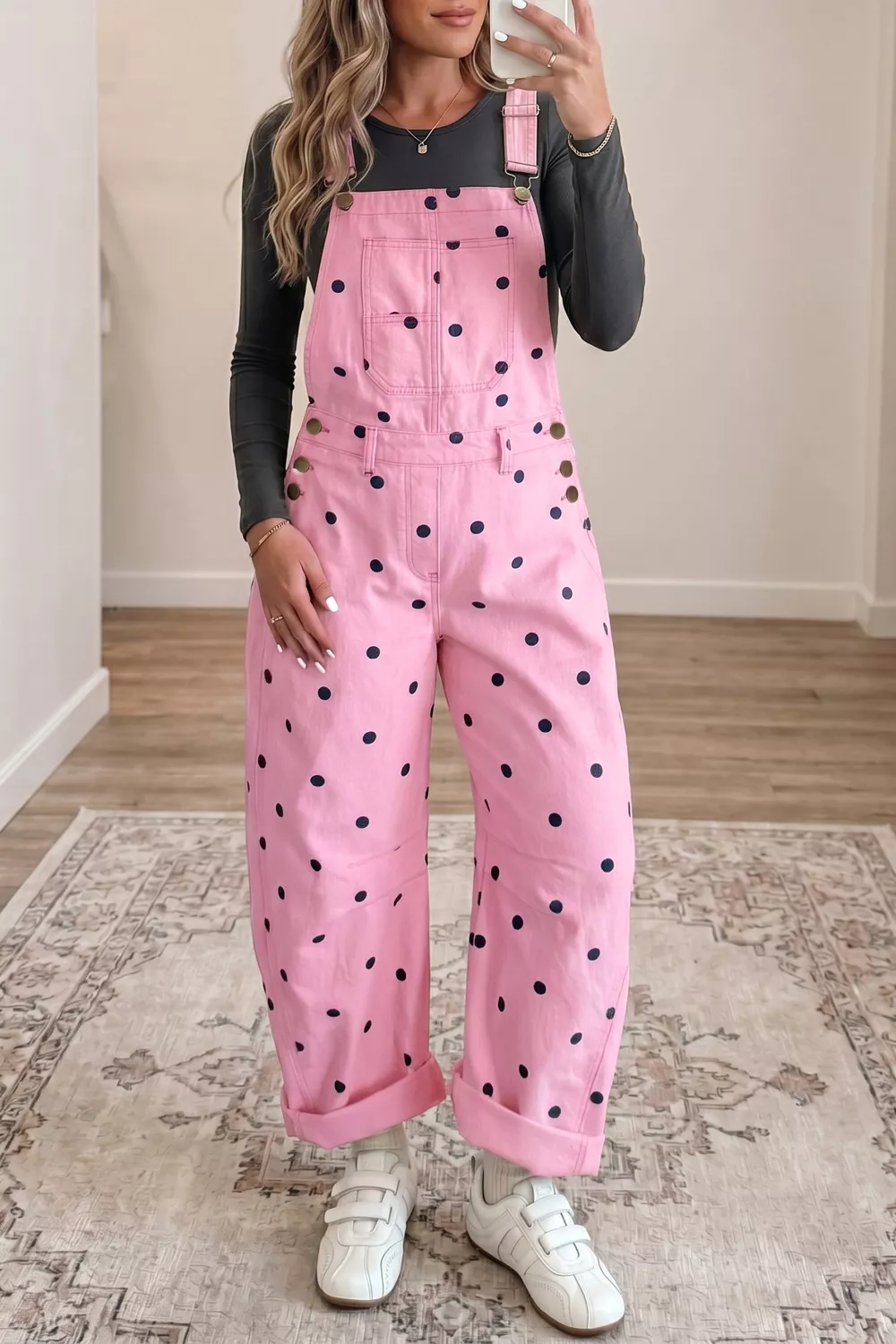 Polka Dot Print Bib Pocket Denim Barrel Overalls, image 4