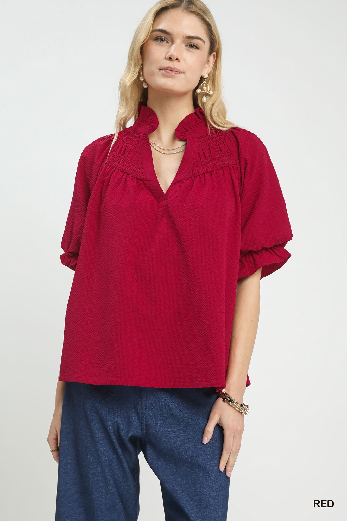 Textured Smocked Yoke Split-Neck Top