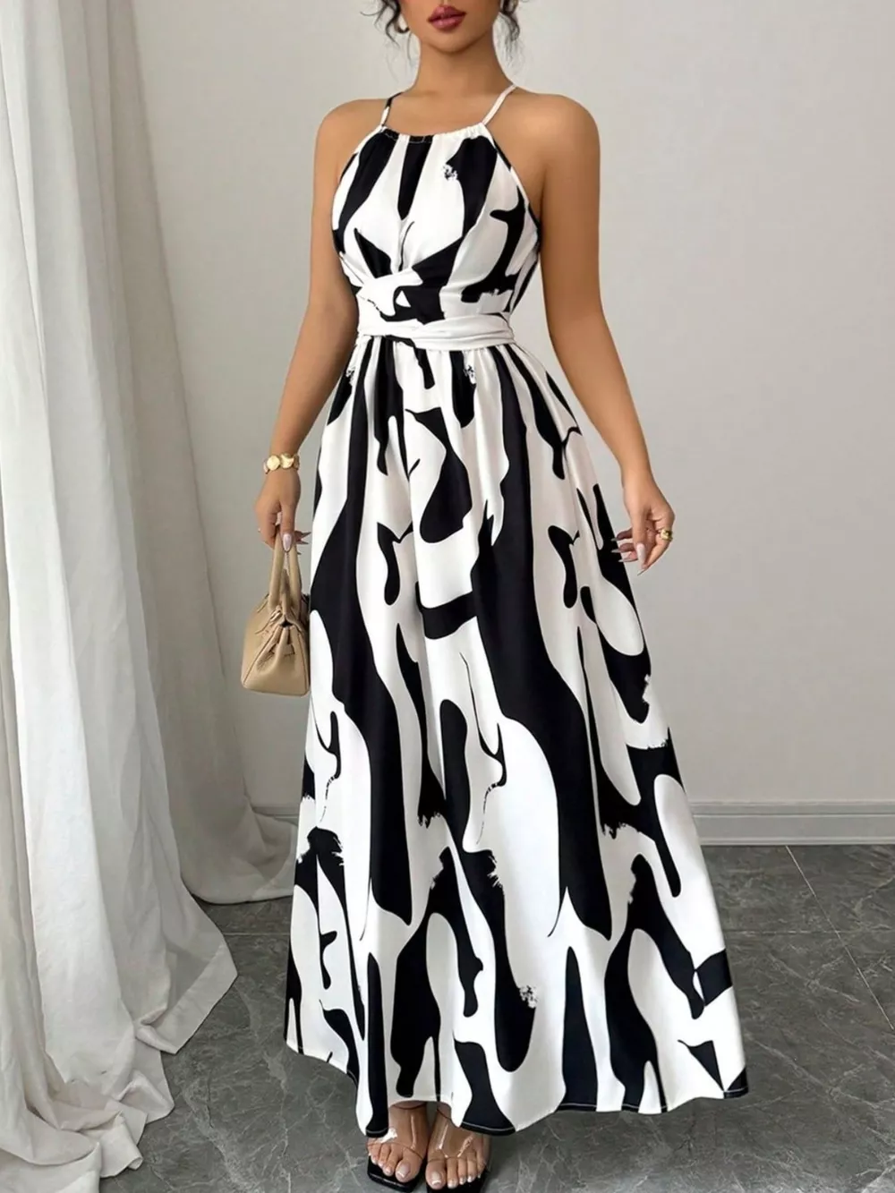 Abstract Print Halter Neck Maxi Dress, image 5