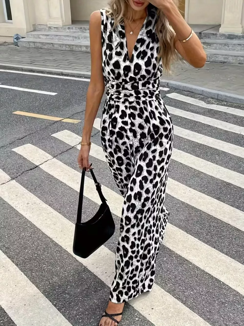 Sleeveless V-Neck Leopard Print Wide Leg Jumpsuit, image 11
